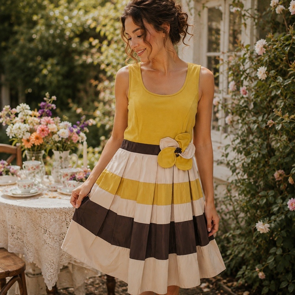 Ryu‎ Fit & Flare Dress Women S Mustard Brown Stripe 3D Flower Garden Party NWT
